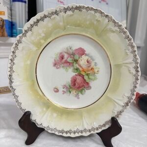 Vintage Victorian Floral Rose Decorative Plate Scalloped Gold Gilt Trim Yellow